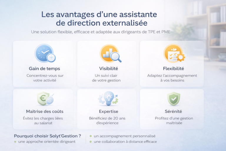 Illustration des avantages d’une assistante de direction externalisée : gain de temps, visibilité, flexibilité, maîtrise des coûts, expertise et sérénité