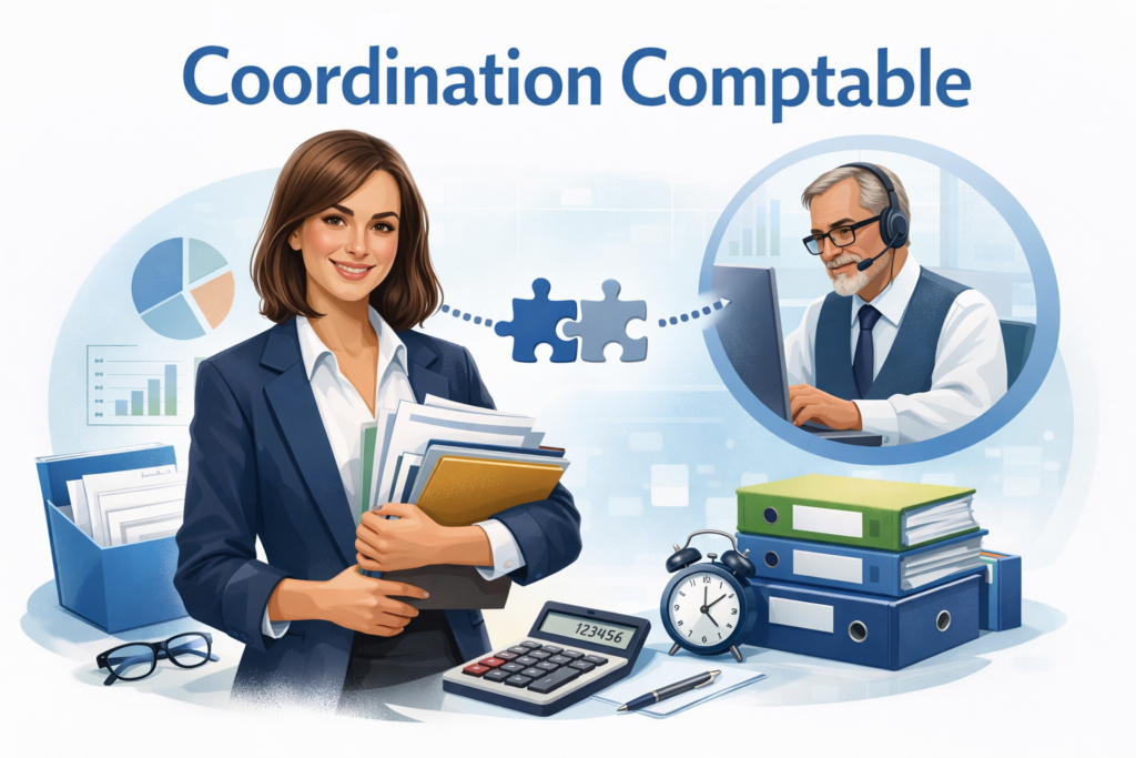 Illustration de la coordination comptable entre une entreprise et son expert-comptable avec organisation des documents et suivi des échanges