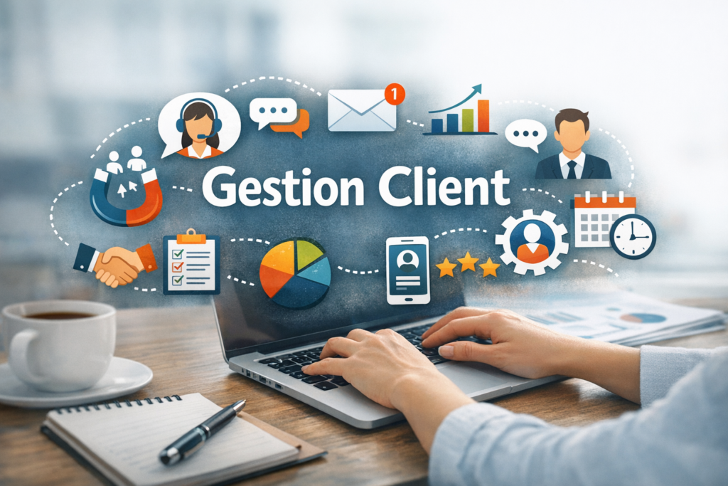 Illustration de la gestion du cycle clients avec facturation, suivi des paiements, relances et relation client autour d’un ordinateur portable